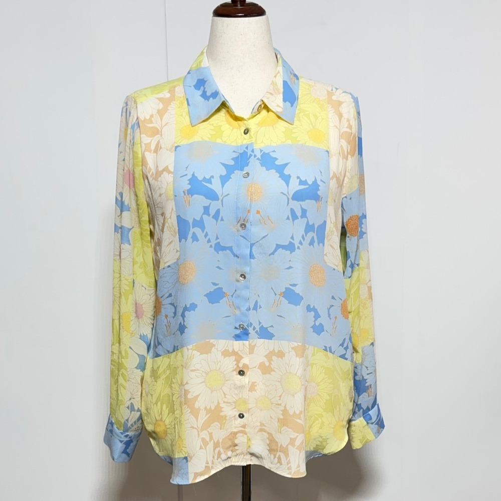 Rose+Olive Top Women XL Blue Yellow Floral Patchwork Button Up Long Sleeve Shirt